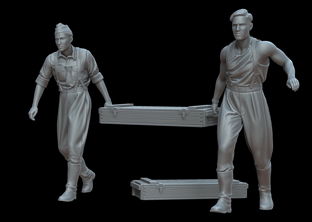 Figures German soldiers carrying a box ammunition