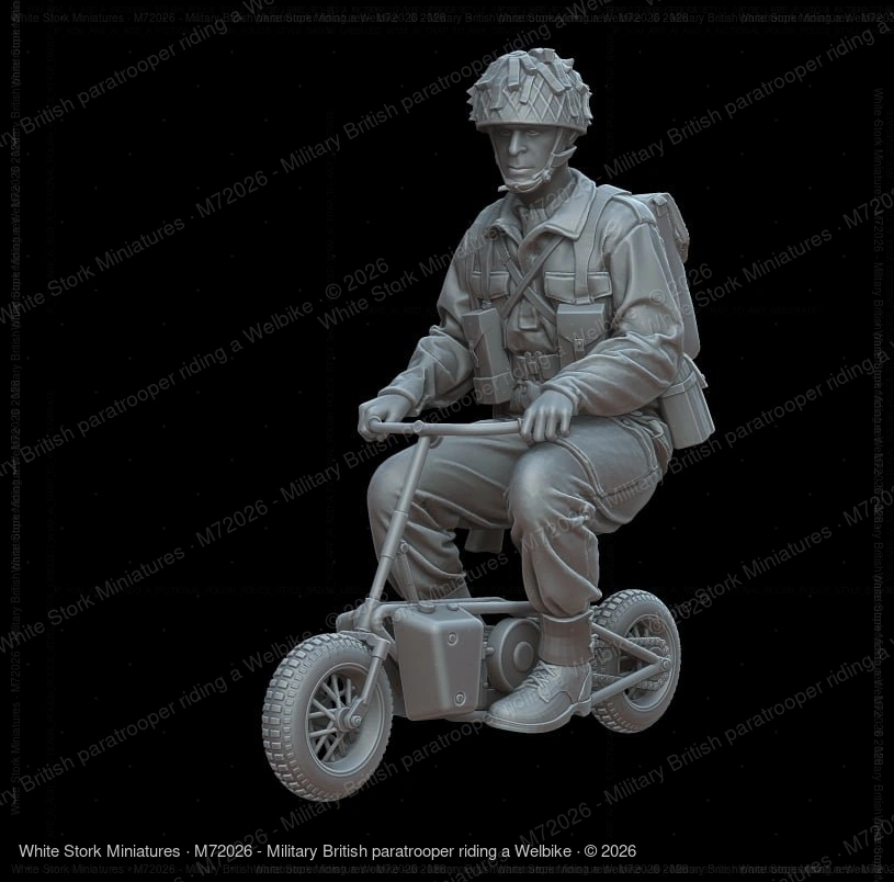 Military British paratrooper riding a Welbike