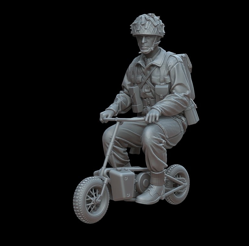 Military British paratrooper riding a Welbike